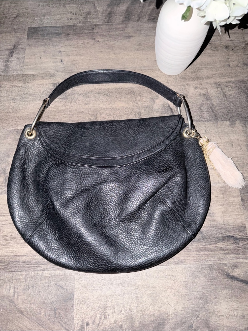 Vintage Juicy Couture Black Pebbled Leather Shoulder Bag with rabbit foot Tassel